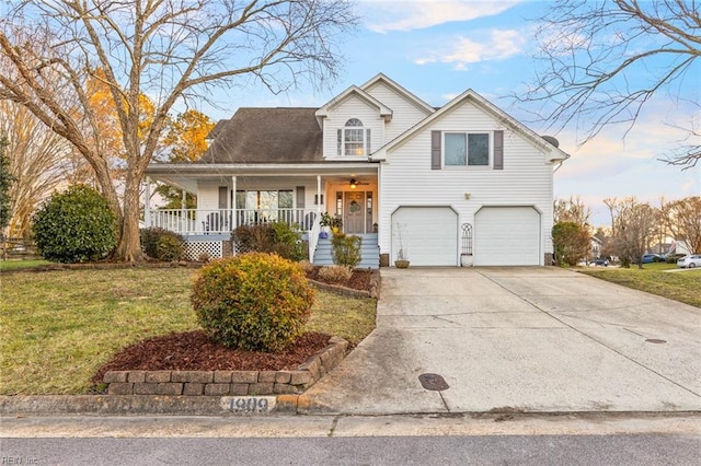 view of front of property featuring a garage, a front yard, covered porch, and driveway