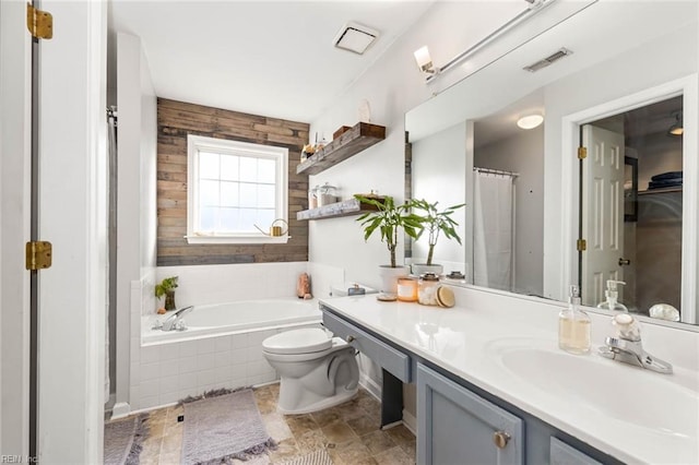 full bathroom with toilet, vanity, visible vents, a bath, and a shower with curtain