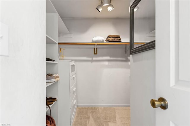 walk in closet with light carpet