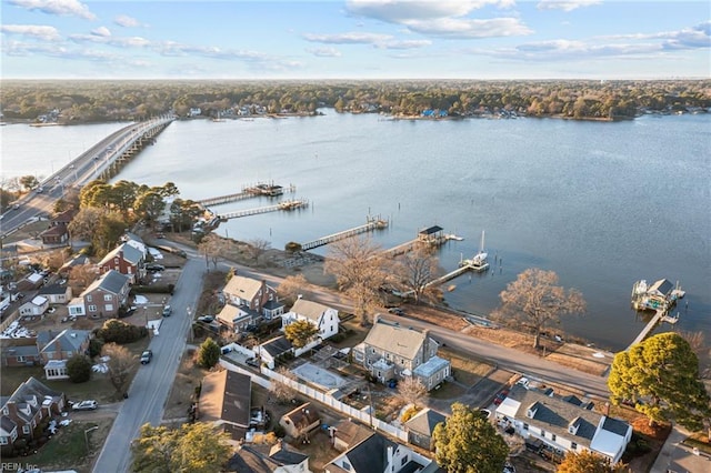 drone / aerial view with a water view