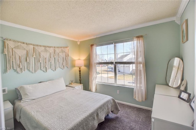 bedroom with a textured ceiling, ornamental molding, carpet, and baseboards