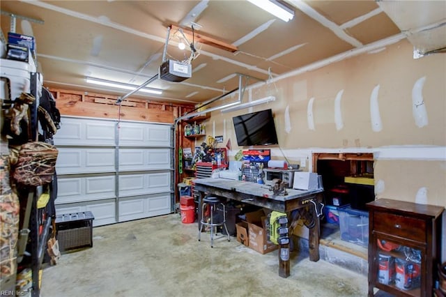 garage featuring a workshop area and a garage door opener