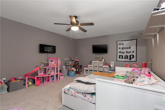 carpeted bedroom featuring ceiling fan