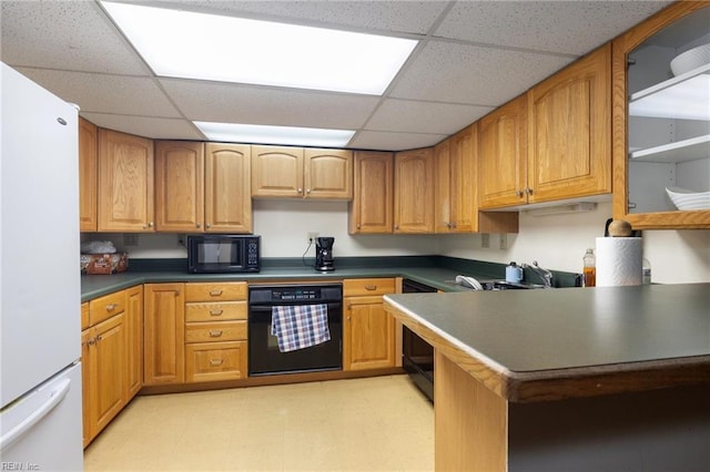 255 College Cross Rd Unit 89, Norfolk, VA 23510 - kitchen with light floors, a drop ceiling, open shelves, black appliances, and dark countertops