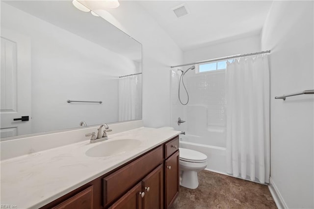 bathroom with toilet, shower / bathtub combination with curtain, visible vents, and vanity