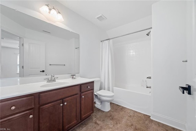 full bath with toilet, vanity, visible vents, and shower / tub combo with curtain