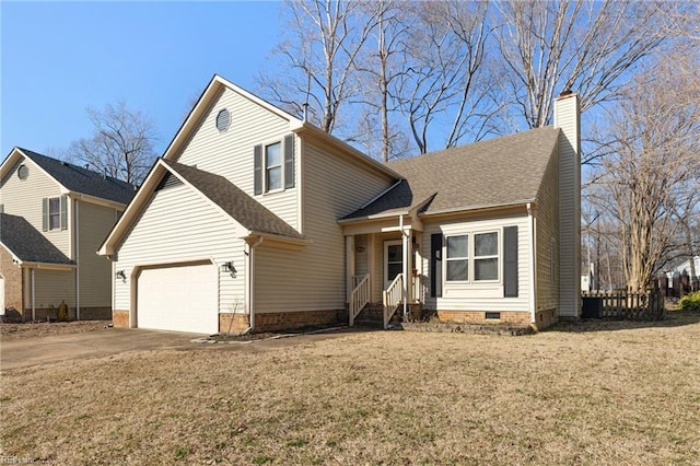 view of front of property featuring a garage, driveway, crawl space, a chimney, and a front yard