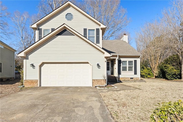 traditional-style home with roof with shingles, a chimney, an attached garage, crawl space, and driveway