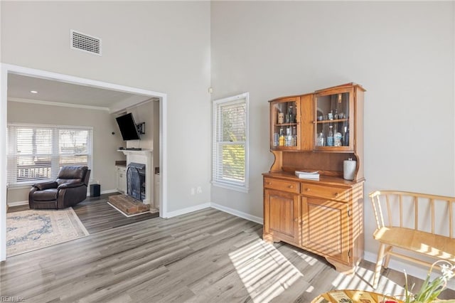 interior space featuring baseboards, visible vents, a fireplace with raised hearth, ornamental molding, and light wood-style floors