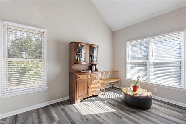 sitting room featuring vaulted ceiling, wood finished floors, and baseboards