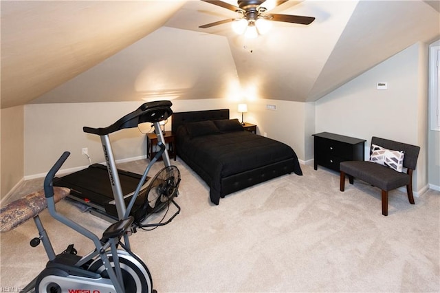 carpeted bedroom featuring lofted ceiling, ceiling fan, and baseboards