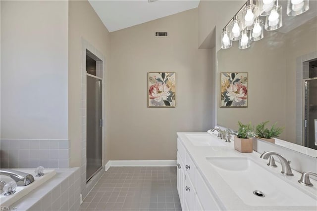 full bath featuring lofted ceiling, a sink, visible vents, and a shower stall