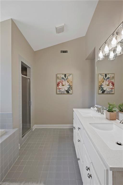 full bath with baseboards, a shower stall, visible vents, and a sink