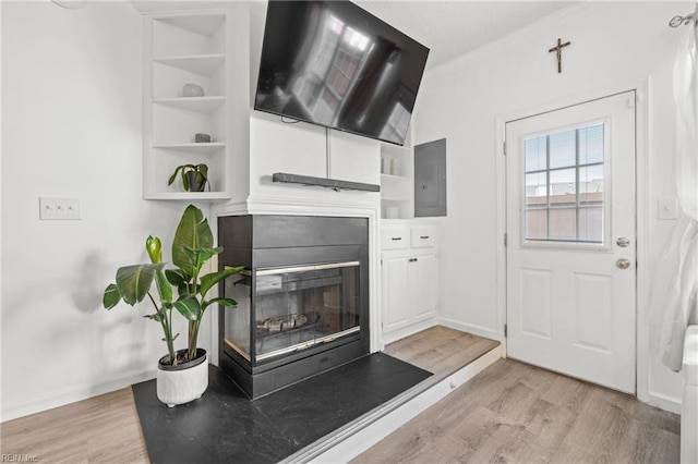 living room featuring electric panel, a glass covered fireplace, light wood-style flooring, and baseboards