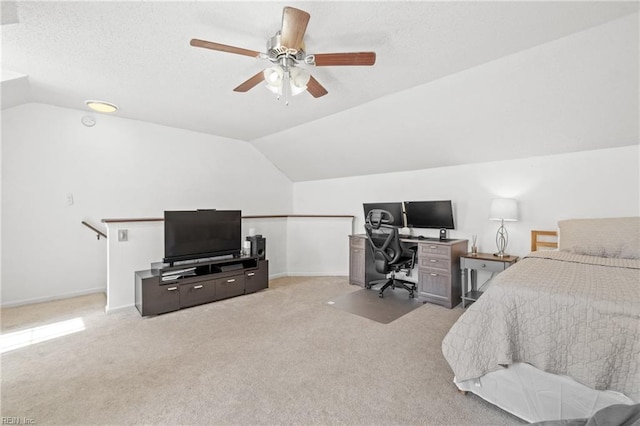 bedroom with lofted ceiling, light carpet, ceiling fan, and baseboards