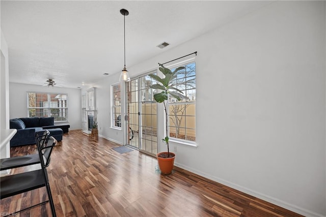 living room featuring a healthy amount of sunlight, a fireplace, baseboards, and wood finished floors