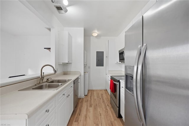 kitchen featuring light wood-style flooring, appliances with stainless steel finishes, white cabinets, a sink, and electric panel