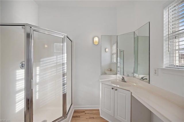 bathroom featuring a shower stall, baseboards, wood finished floors, and vanity