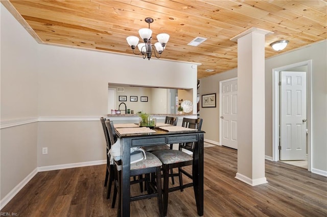 dining area with wooden ceiling, a notable chandelier, wood finished floors, visible vents, and baseboards