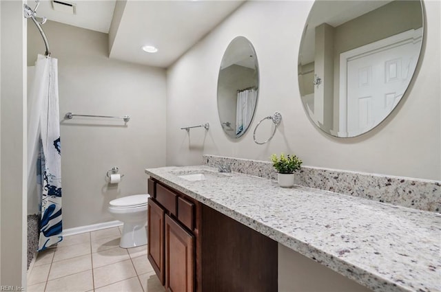 bathroom with visible vents, toilet, a shower with curtain, tile patterned floors, and vanity