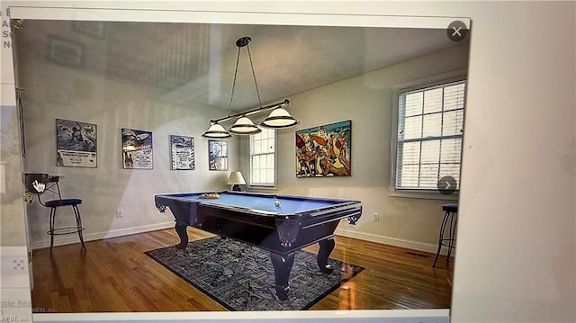 playroom featuring pool table, wood finished floors, visible vents, and baseboards