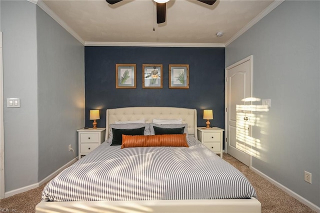 bedroom with carpet floors, a ceiling fan, baseboards, and crown molding