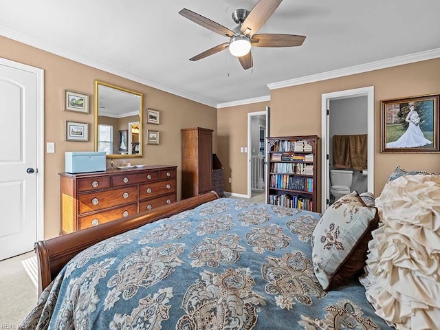 carpeted bedroom featuring baseboards, ceiling fan, ornamental molding, and connected bathroom