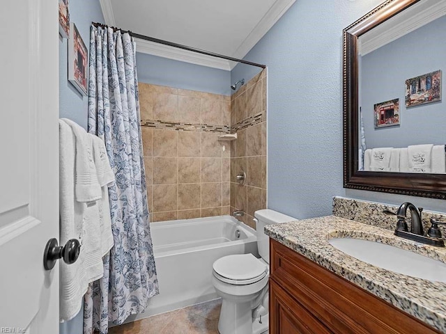 full bathroom with toilet, shower / tub combo with curtain, tile patterned floors, crown molding, and vanity