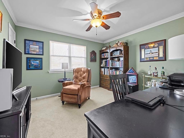 office with light carpet, baseboards, ornamental molding, and a ceiling fan