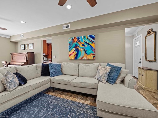 living area with recessed lighting, visible vents, and ceiling fan