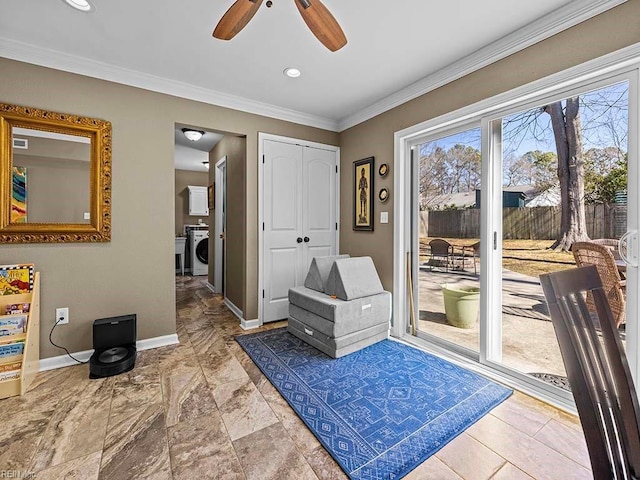 entryway with washer / dryer, baseboards, crown molding, and recessed lighting