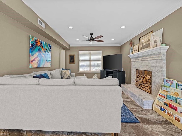 living room with recessed lighting, visible vents, ornamental molding, a brick fireplace, and ceiling fan