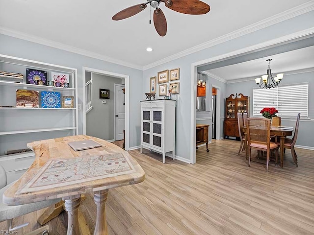 dining space featuring light wood-type flooring, crown molding, baseboards, and ceiling fan with notable chandelier