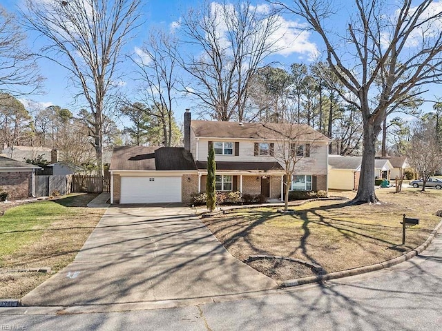 view of front facade with an attached garage, brick siding, fence, concrete driveway, and a chimney