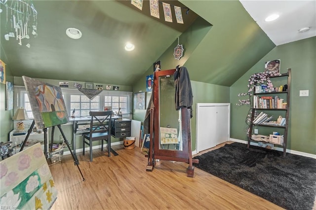 playroom with baseboards, vaulted ceiling, and wood finished floors