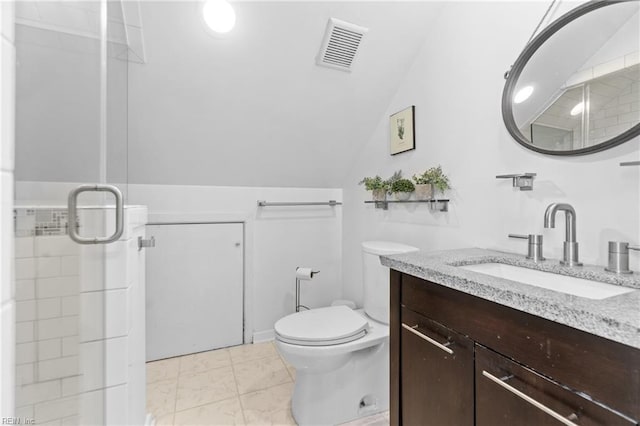 full bathroom with visible vents, toilet, a stall shower, vaulted ceiling, and vanity