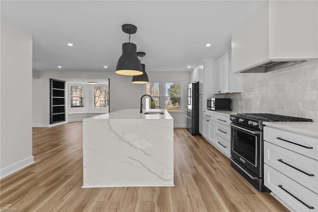 kitchen with light wood finished floors, custom exhaust hood, backsplash, appliances with stainless steel finishes, and a sink