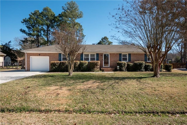 ranch-style house with a garage, concrete driveway, brick siding, and a front lawn