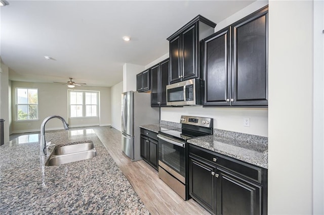 kitchen featuring a sink, light wood-style flooring, appliances with stainless steel finishes, and dark cabinetry