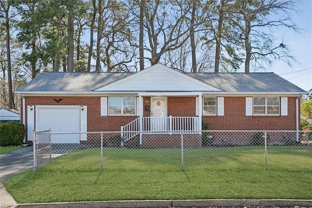 ranch-style house featuring driveway, brick siding, a fenced front yard, and a front lawn