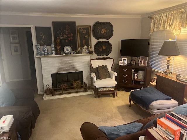 carpeted living room featuring a fireplace and crown molding