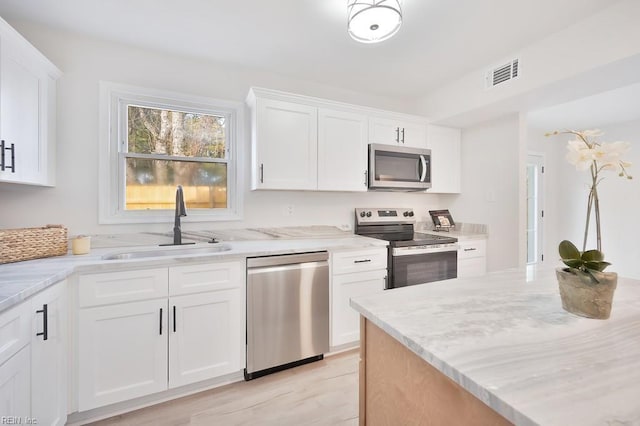 kitchen featuring visible vents, appliances with stainless steel finishes, white cabinets, and a sink