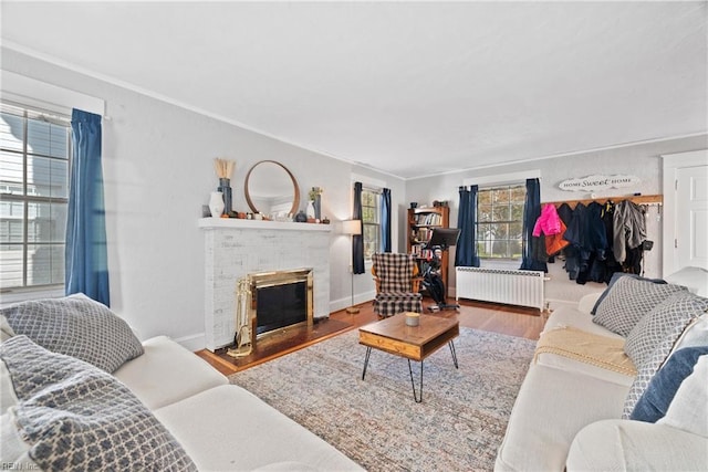 living area with a brick fireplace, baseboards, radiator heating unit, and wood finished floors