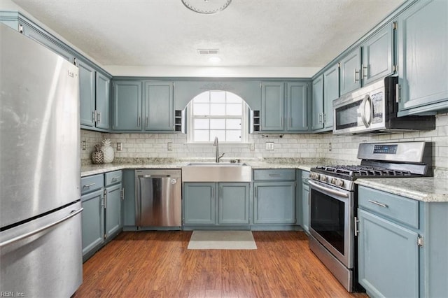 kitchen with visible vents, appliances with stainless steel finishes, backsplash, dark wood-type flooring, and a sink