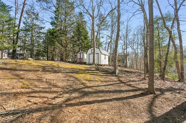 view of yard featuring an outdoor structure and a storage shed