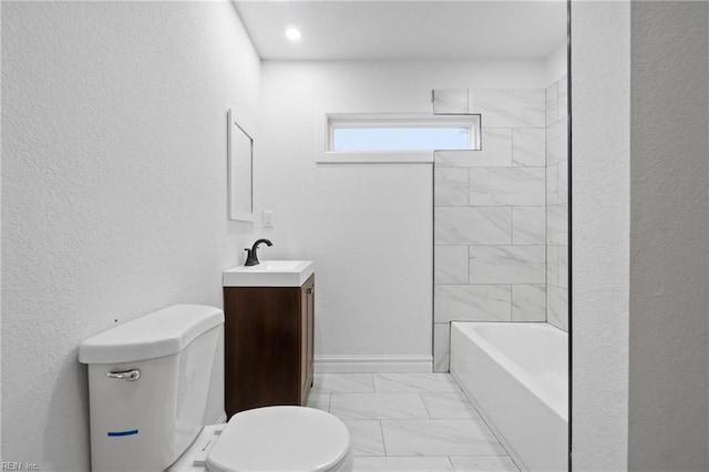 full bathroom with marble finish floor, baseboards, vanity, and toilet