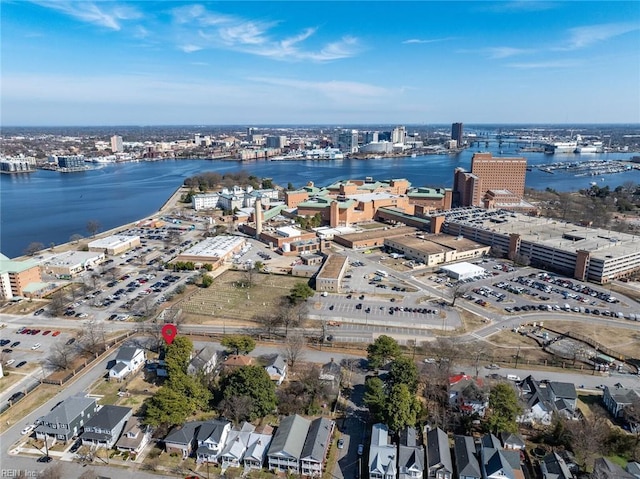 drone / aerial view with a water view