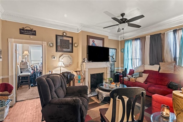 living room featuring ornamental molding, a fireplace, light wood finished floors, and a ceiling fan