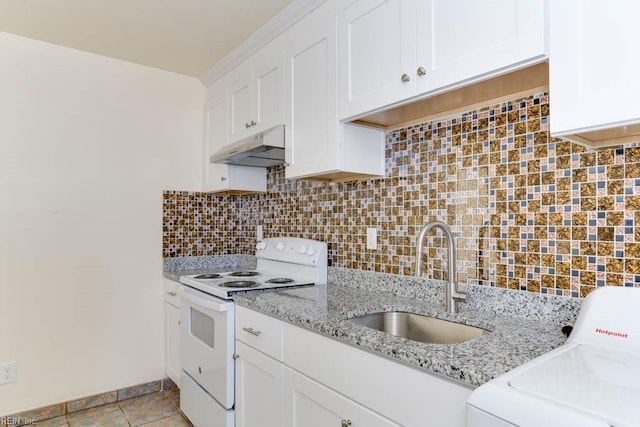 kitchen with decorative backsplash, washer / clothes dryer, white electric range, under cabinet range hood, and a sink