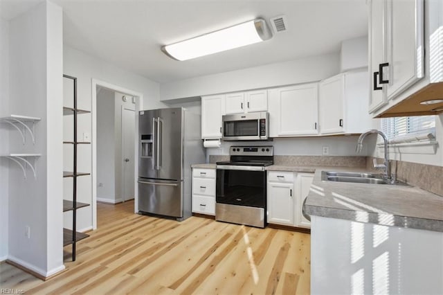 kitchen featuring light wood finished floors, white cabinetry, stainless steel appliances, and a sink